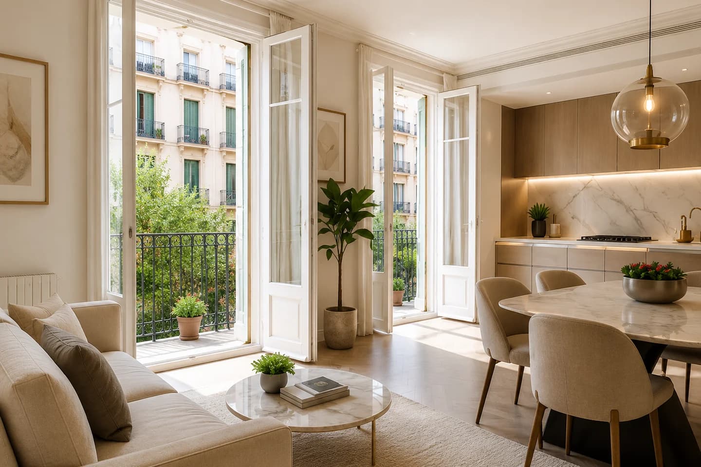 Renovated living room with integrated kitchen and street-facing balconies