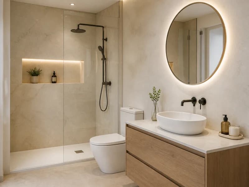 Renovated bathroom with shower, basin and round mirror