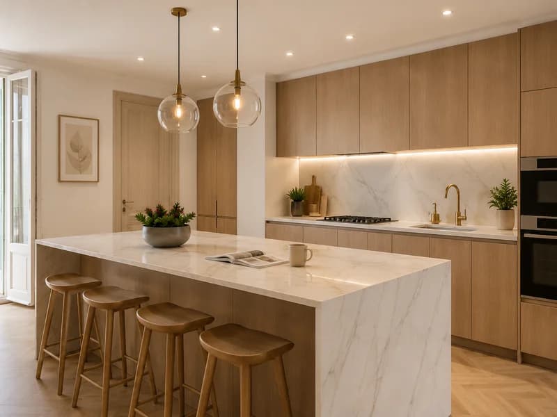 Renovated kitchen with central island and wood cabinetry