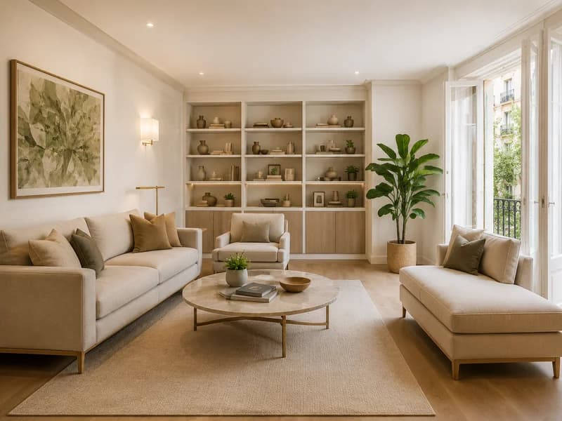 Renovated living room with shelving, sofa and natural light