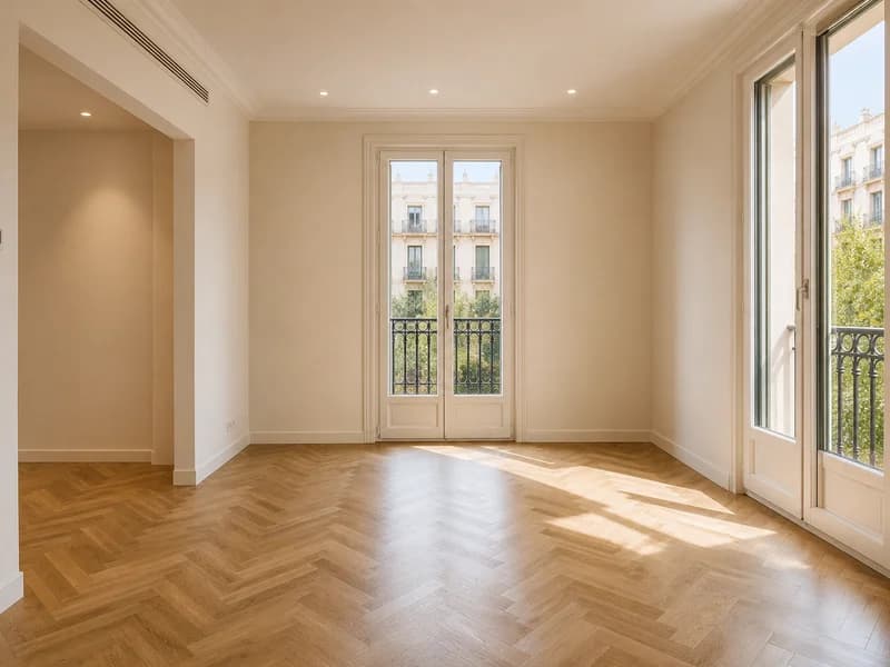 Renovated apartment with herringbone flooring and balconies